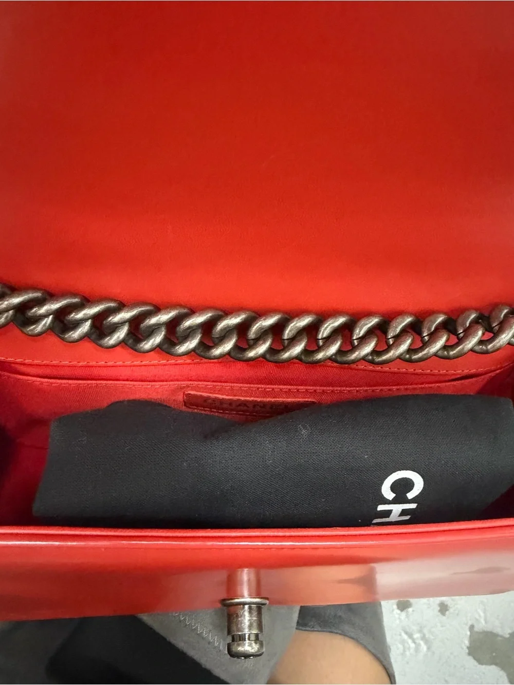Authentic Chanel Medium Boy Red Glazed Calfskin Flap Bag